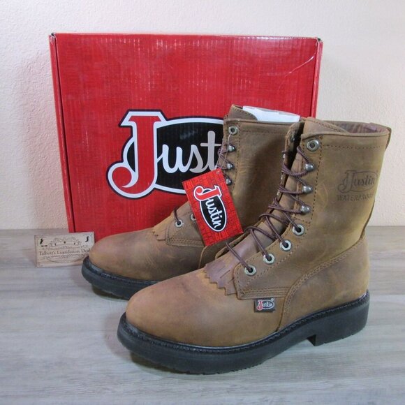 Justin Men's Livestock Waterproof Lace Up Work Boots Aged Bark Brown Cowhide OW6 - Picture 1 of 5